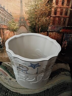 Avanti-White Ceramic Coastal Planter with Seashell Motif